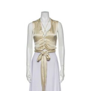 Nanushka Ivory Cream Satin Cross Tie V-Neck Crop Top